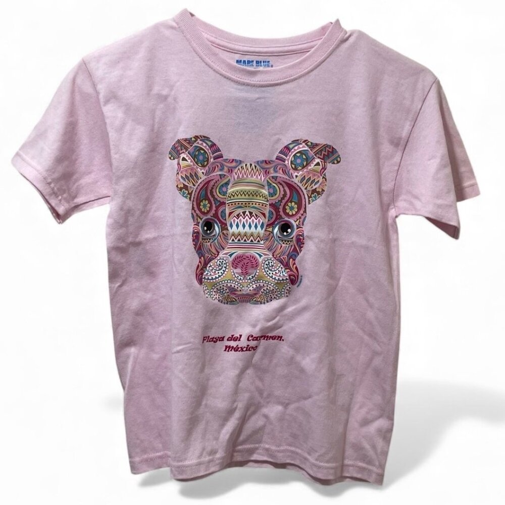 Pink Short Sleeve Tee With Colorful Dog Design Playa Del Carmen México Print